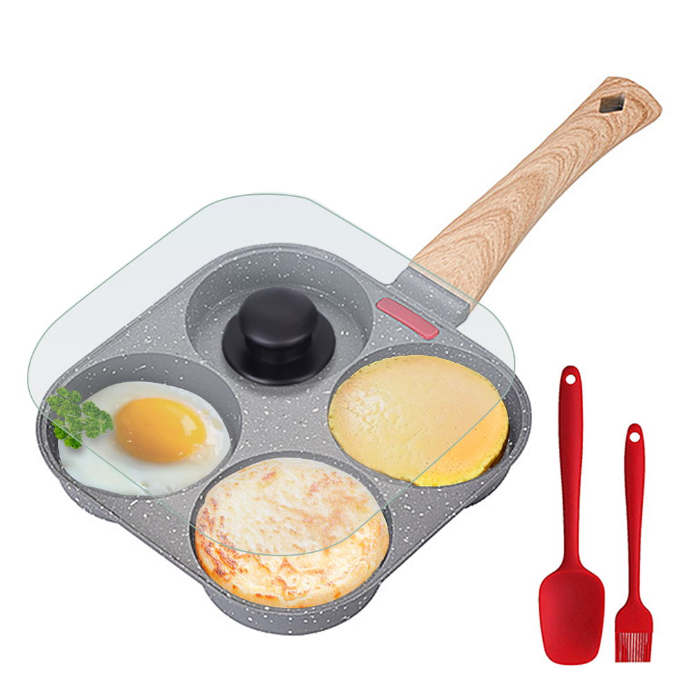 Mini Pancake Griddle - ノンスティック4カップエッグフライパン（フリップ式蓋付き）、アルミ製パンケーキエッグクッカー（スパチュラとブラシ付き）、バーガー・オムレツ調理用フライパン