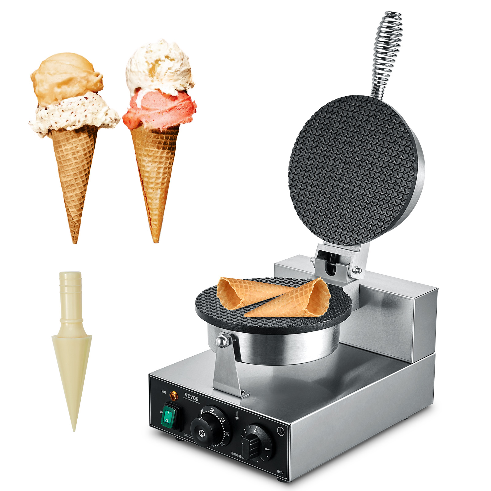 Waffle Cone Maker - SucceBuy 電気アイスクリームコーンメーカー 商業用ノンスティックステンレス鋼エッグロール型 温度と時間制御付き